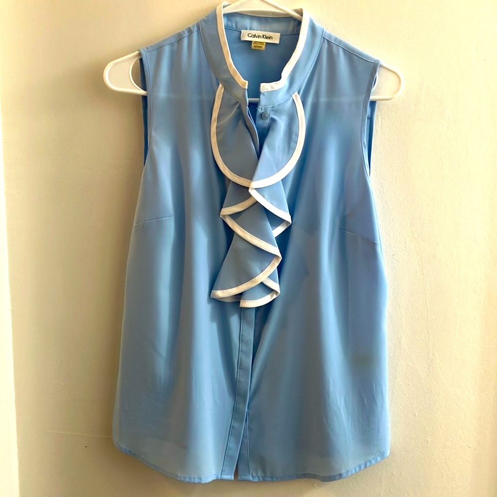 Calvin Klein Blue Ruffled Sleeveless Blouse